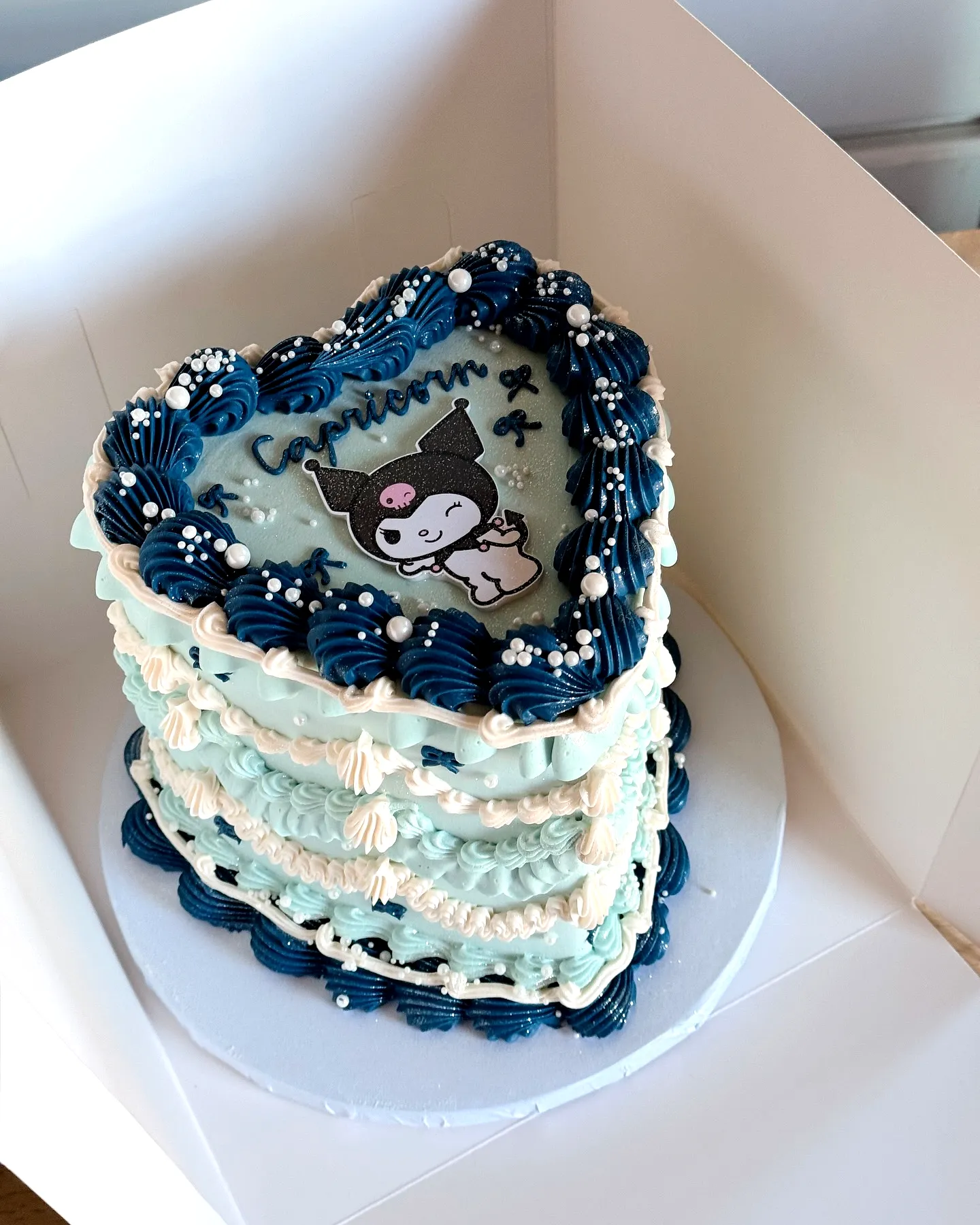 Adorable Hello Kitty Cake Design in Heart Shape with Blue and White Buttercream