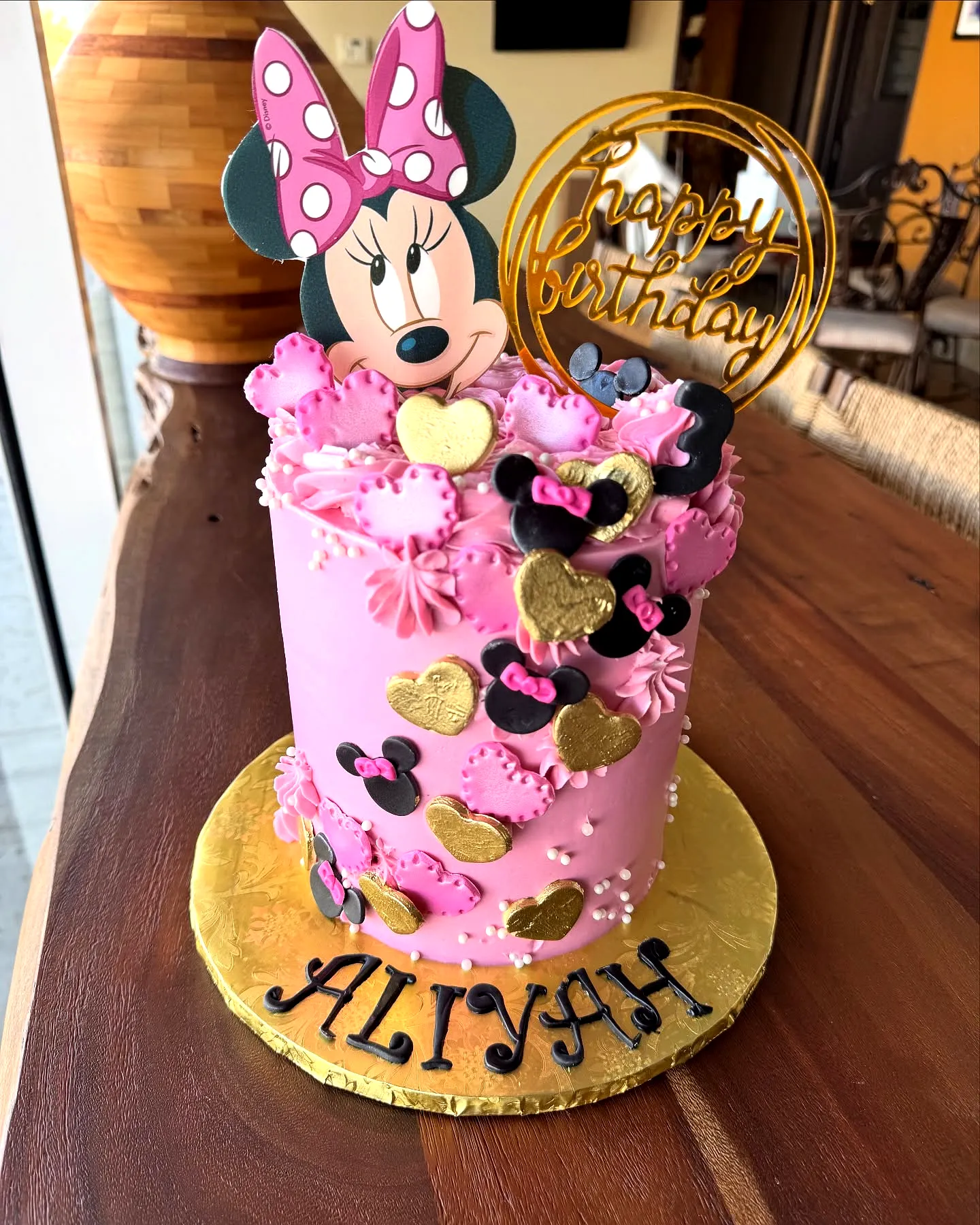 Adorable Minnie Mouse Birthday Cake with Pink Buttercream Flowers