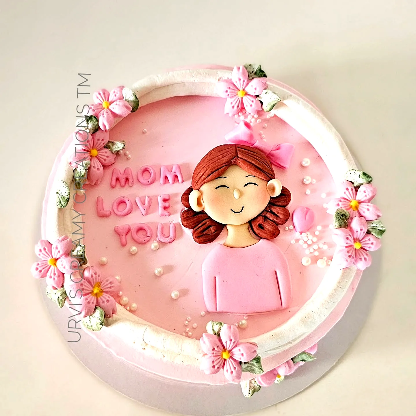 Adorable Mother Birthday Cake Design in Whimsical Pink Style