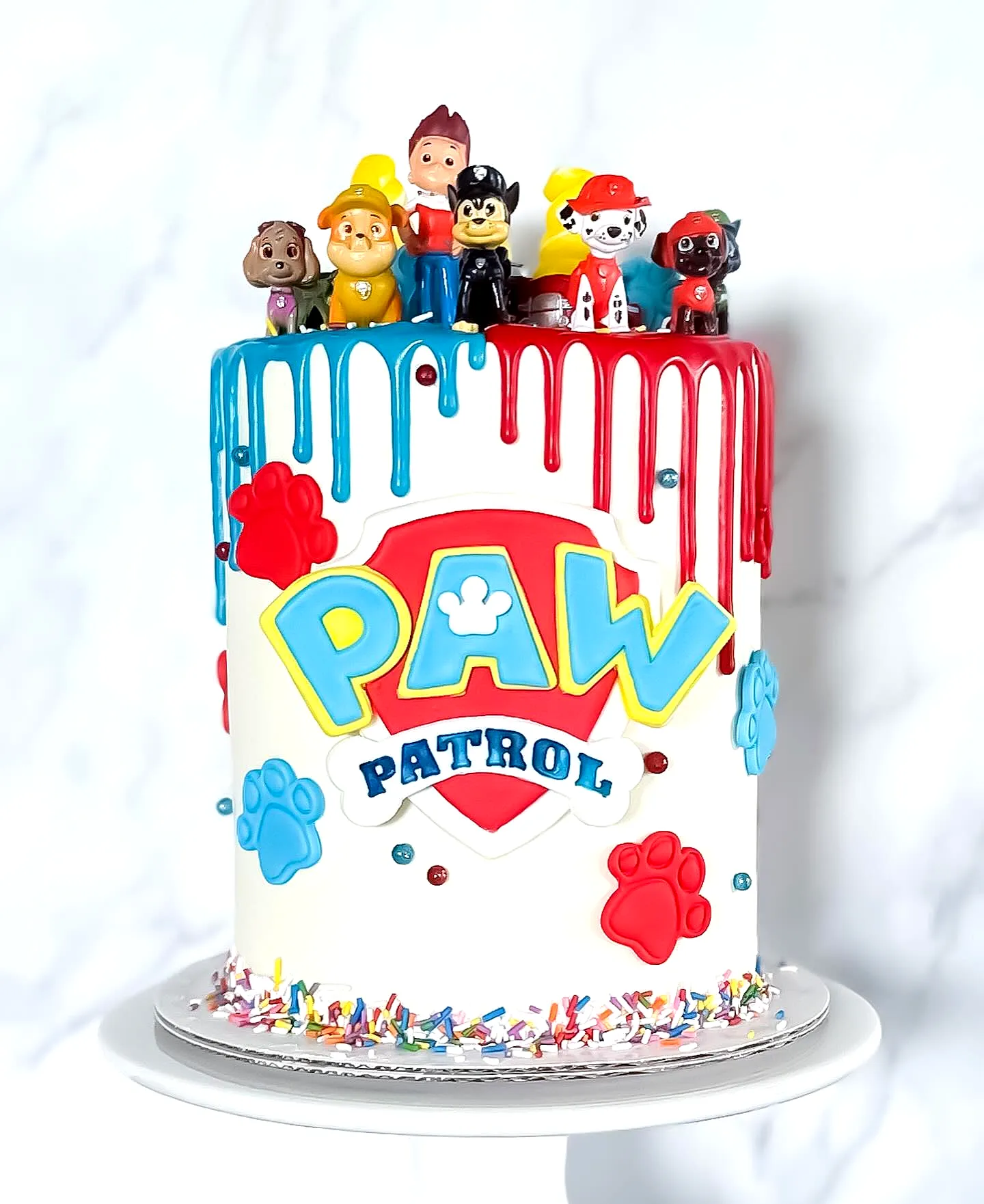 Adorable Paw Patrol Birthday Cake Design with Colorful Dripping Icing