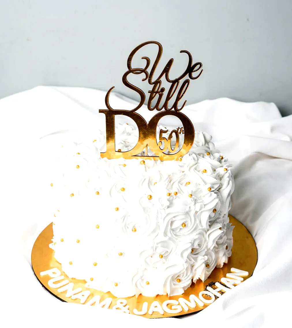 Charming 50th Wedding Anniversary Cake Design with Elegant Gold Accents