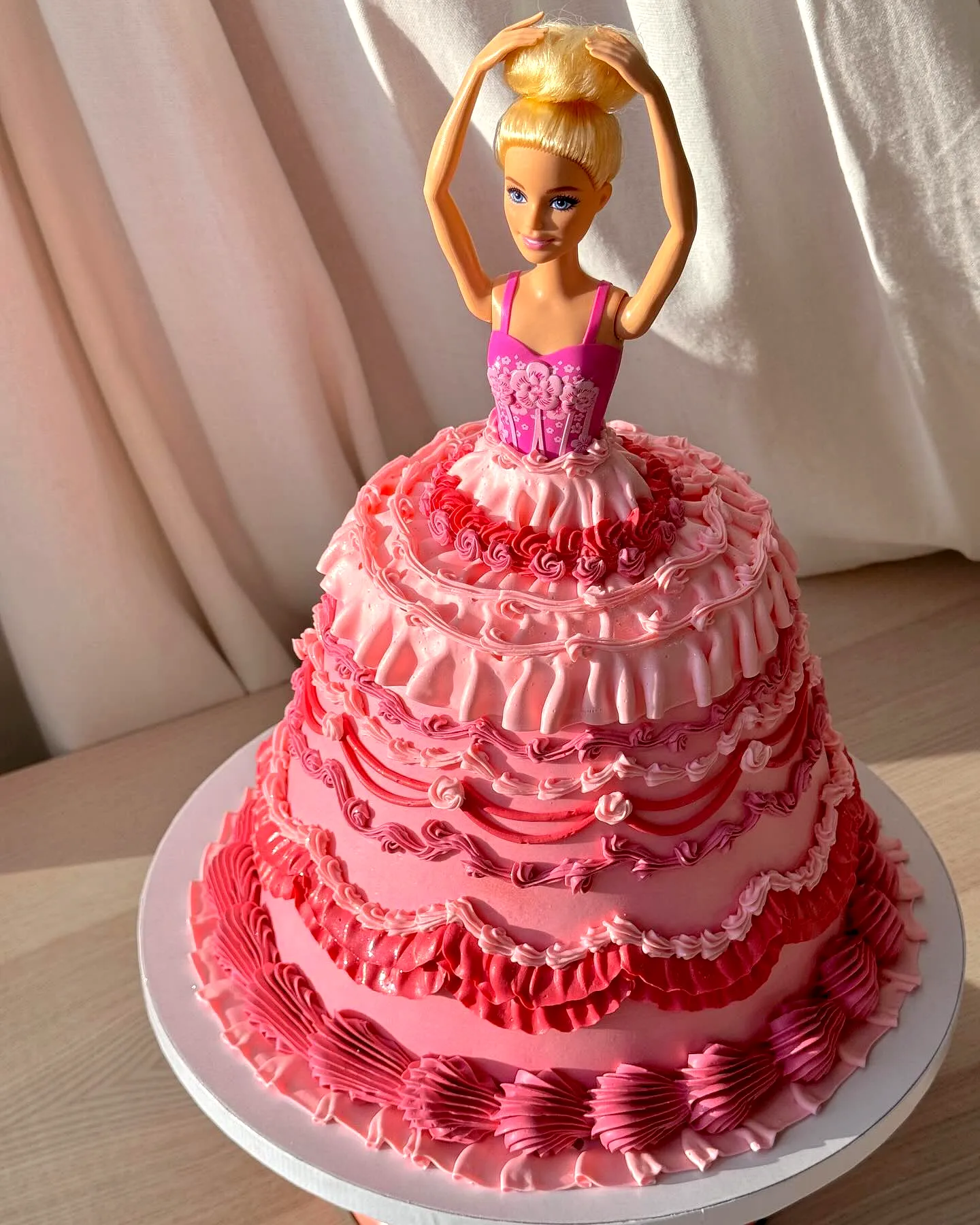 Charming Barbie Birthday Cake Design in Pretty Pink Tiers and Ruffles