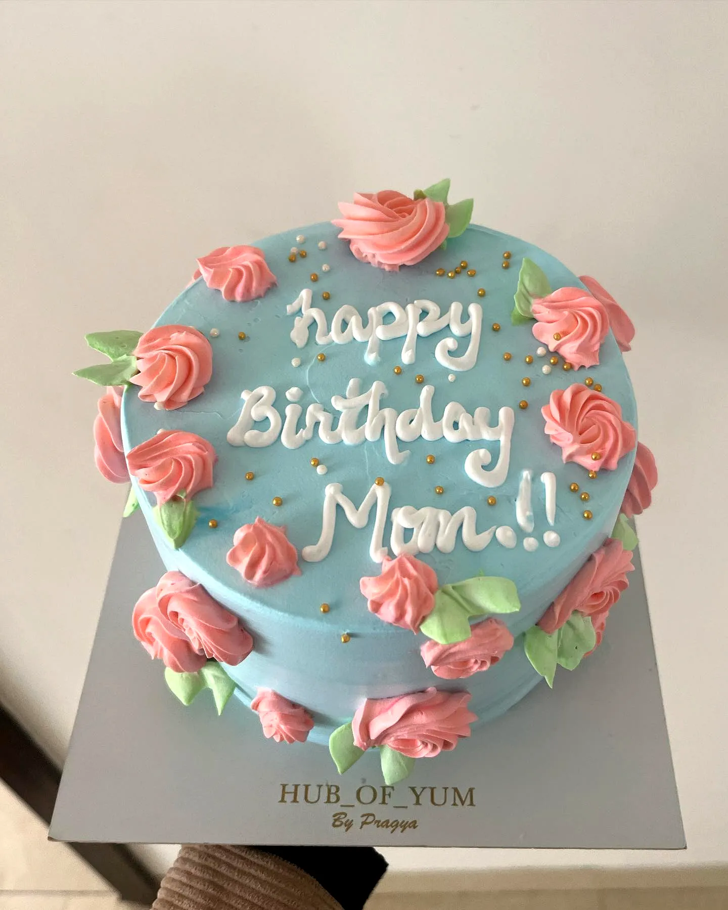 Charming Birthday Cake for Mom with Light Blue Buttercream and Pink Roses
