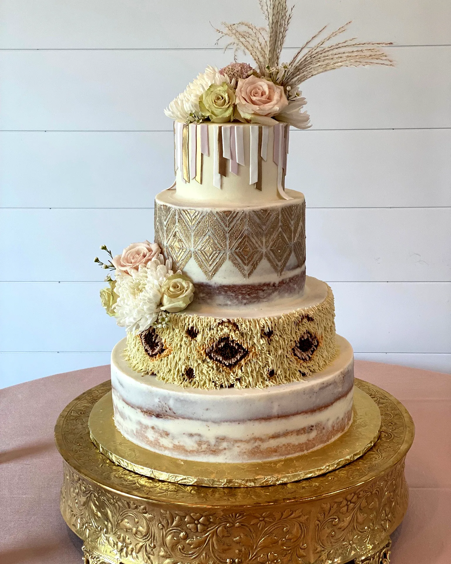 Charming Boho Wedding Cake Design with Elegant Floral Details and Textures