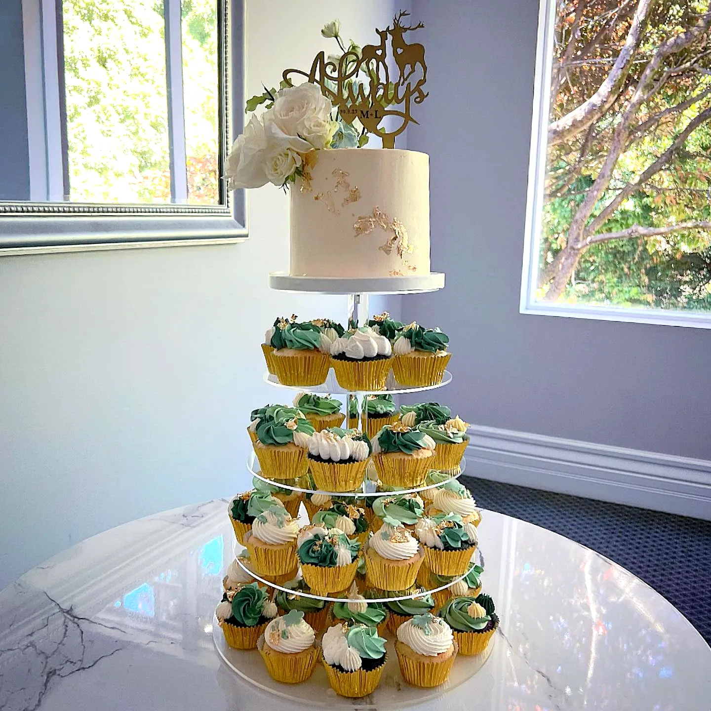 Charming Cupcake Wedding Cake with Colorful Frosting and Elegant Accents