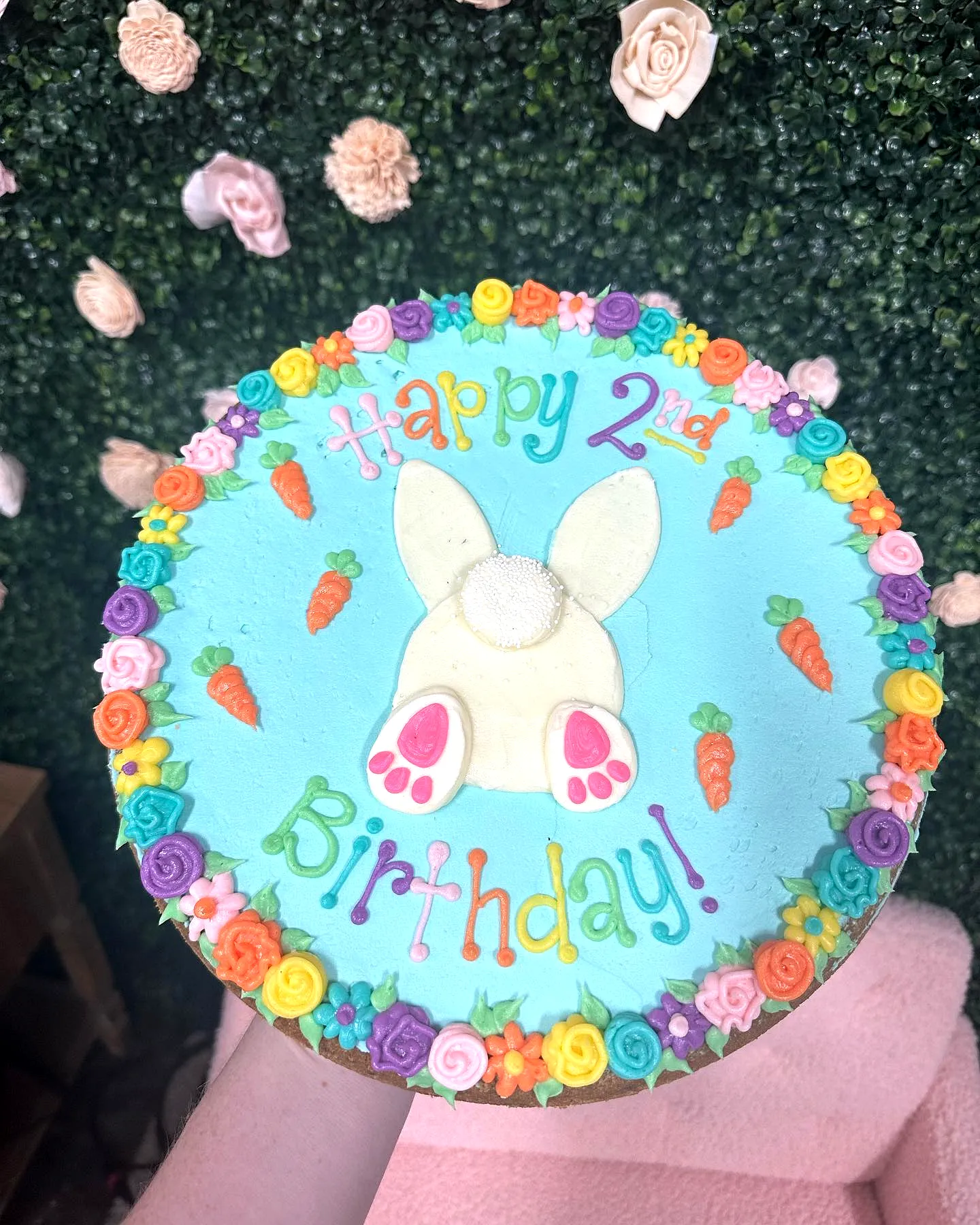 Charming Easter Birthday Cake with Cute Bunny and Colorful Floral Decor