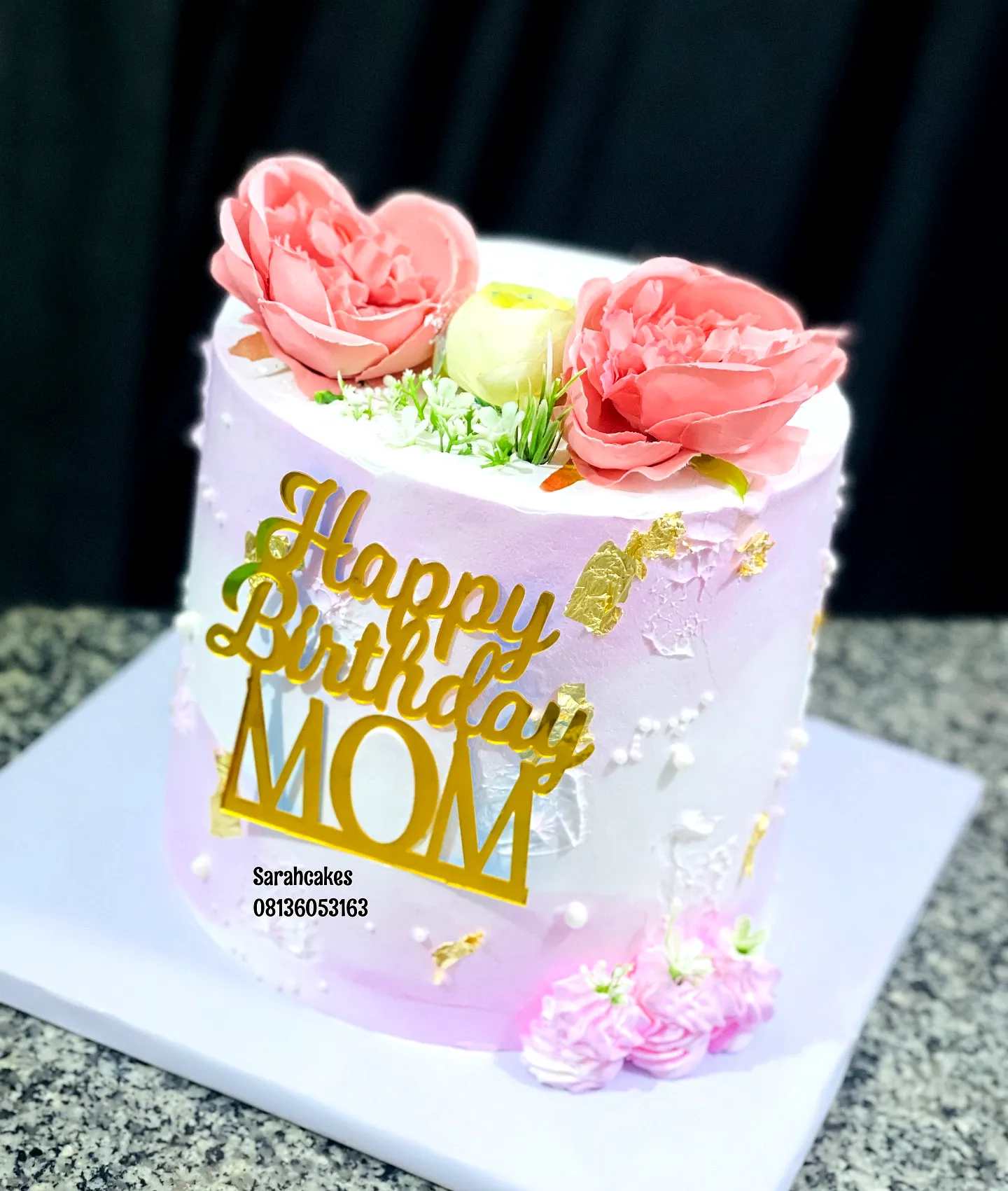 Charming Floral Mother Birthday Cake Design in Soft Pink and White