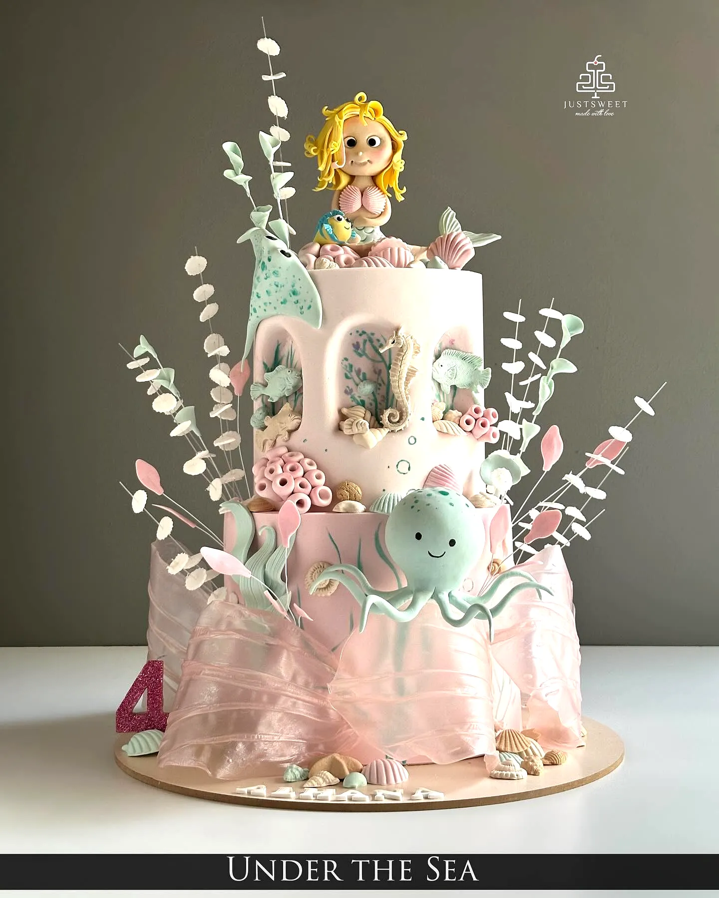 Charming Mermaid Cake Design with Underwater Elements and Pastel Colors
