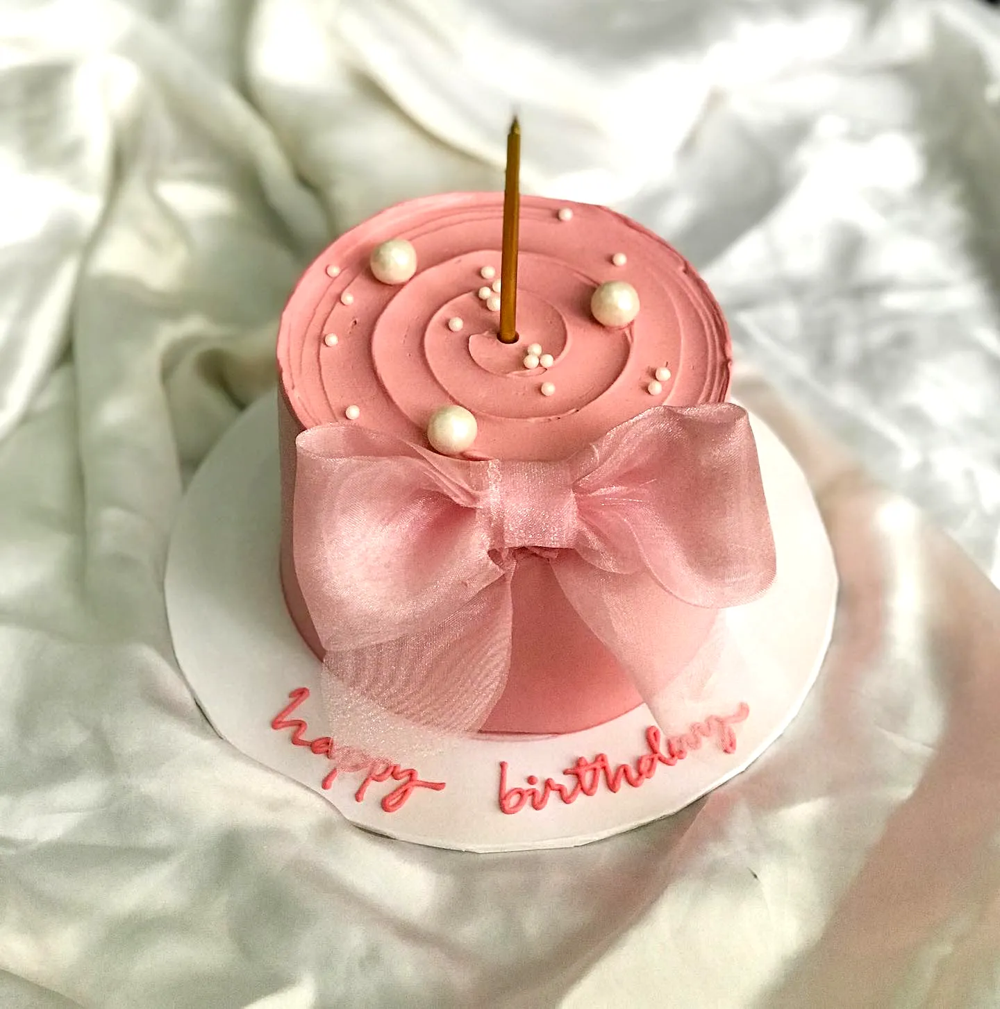 Charming Pink Birthday Cake Design for Women with Elegant Swirls and Pearls