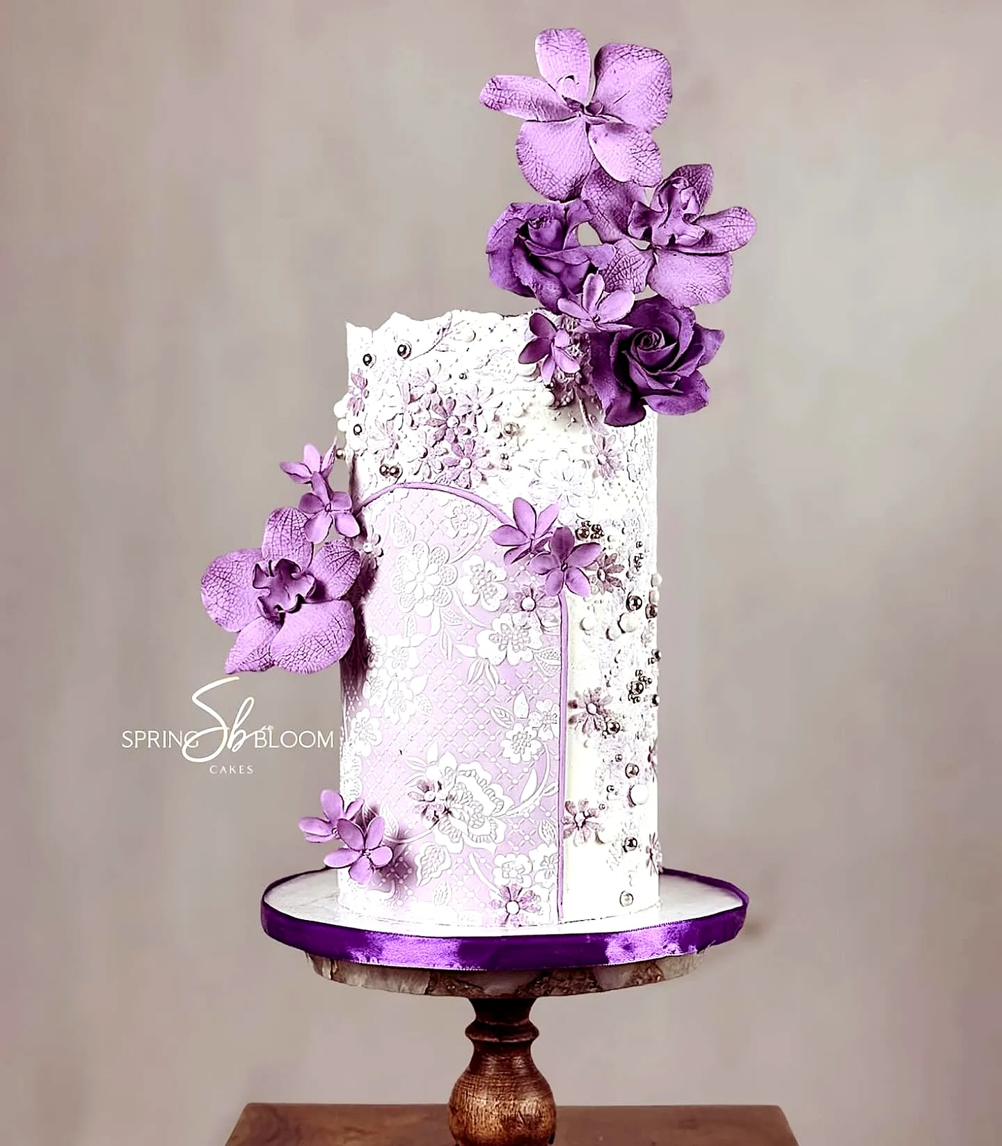 Charming Purple Birthday Cake with Elegant Lace and Floral Decorations