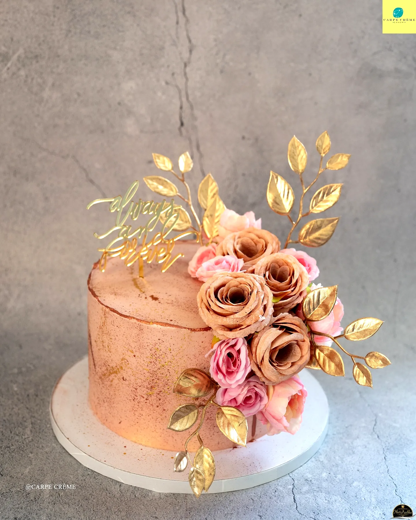 Charming Rose Gold Birthday Cake with Elegant Edible Gold Leaves