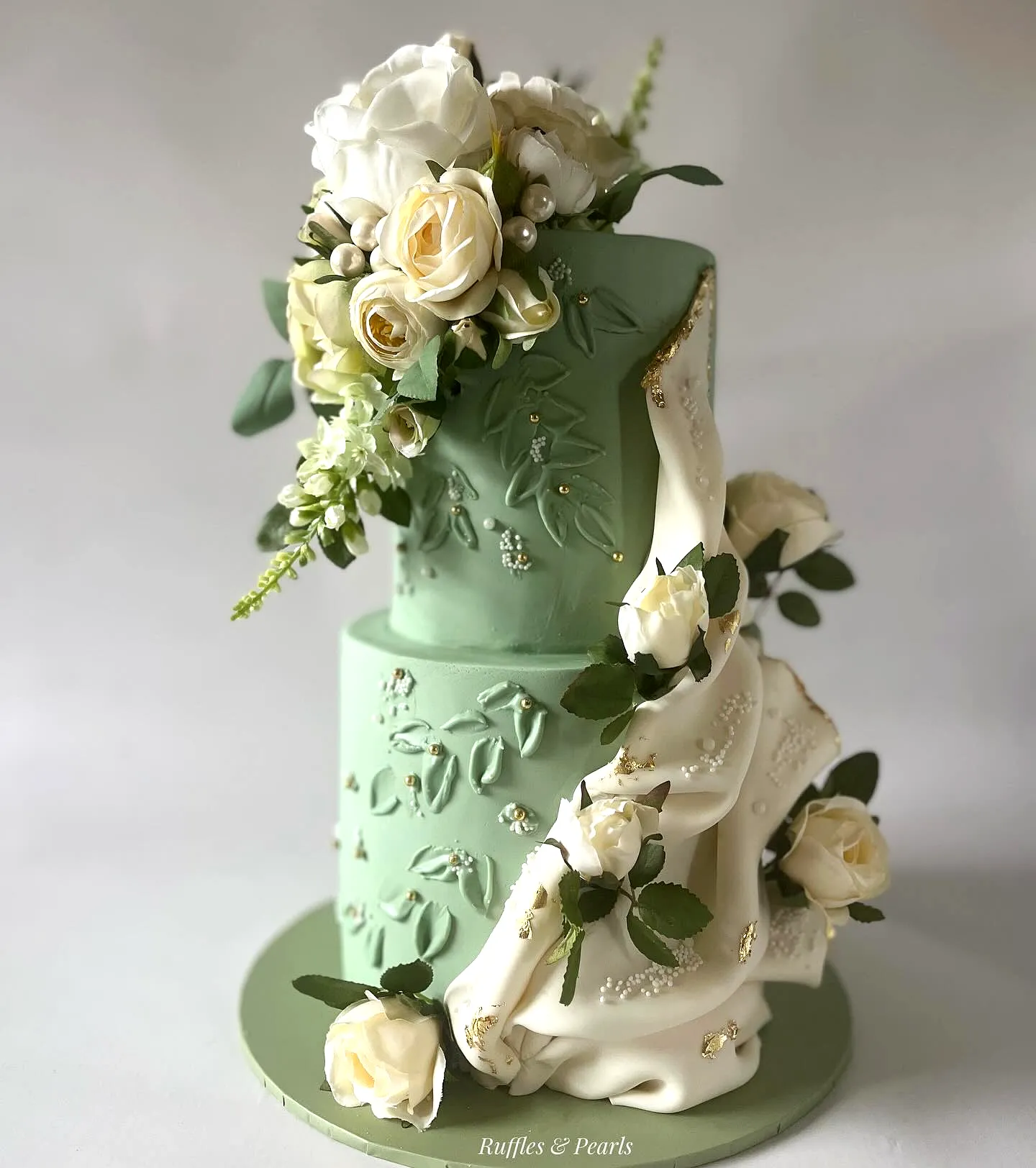 Charming Sage Green Birthday Cake Design with Floral Elegance and Grace