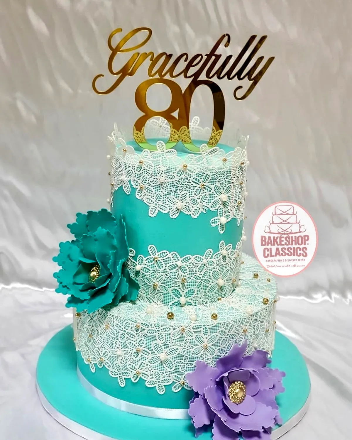Charming Two-Tiered 80th Birthday Cake Design with Elegant Turquoise and Flowers