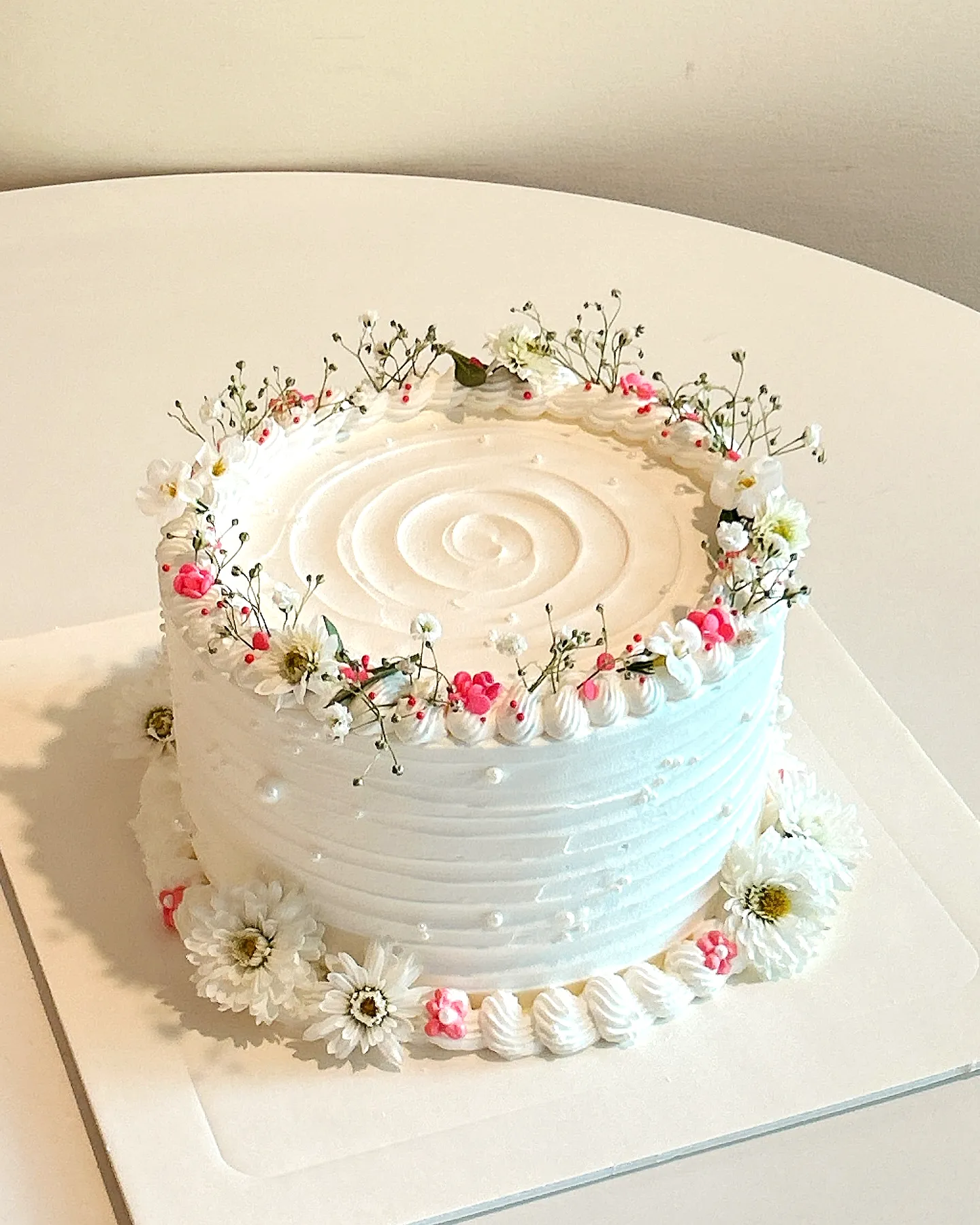 Charming White Birthday Cake Design with Buttercream and Edible Flowers