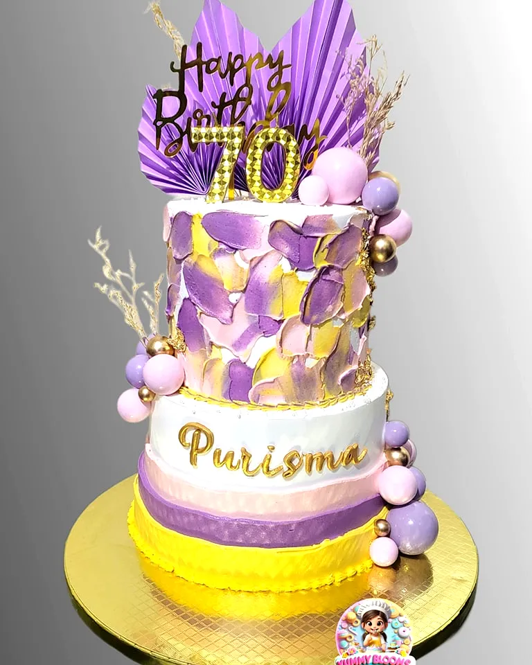 Colorful 70th Birthday Cake Design with Creative Brush Stroke Details