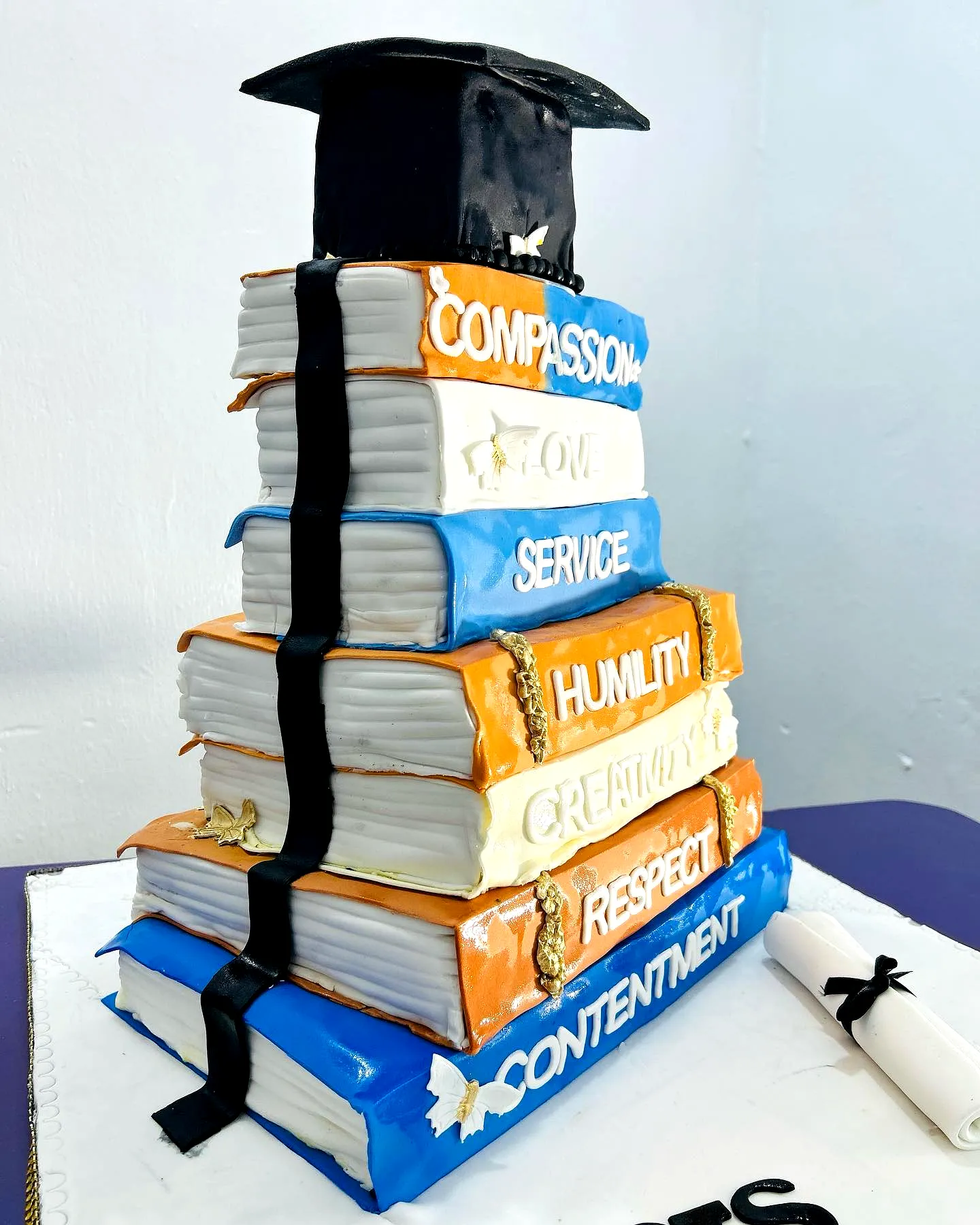 Colorful College Graduation Cake Design with Adorable Book Stack Theme