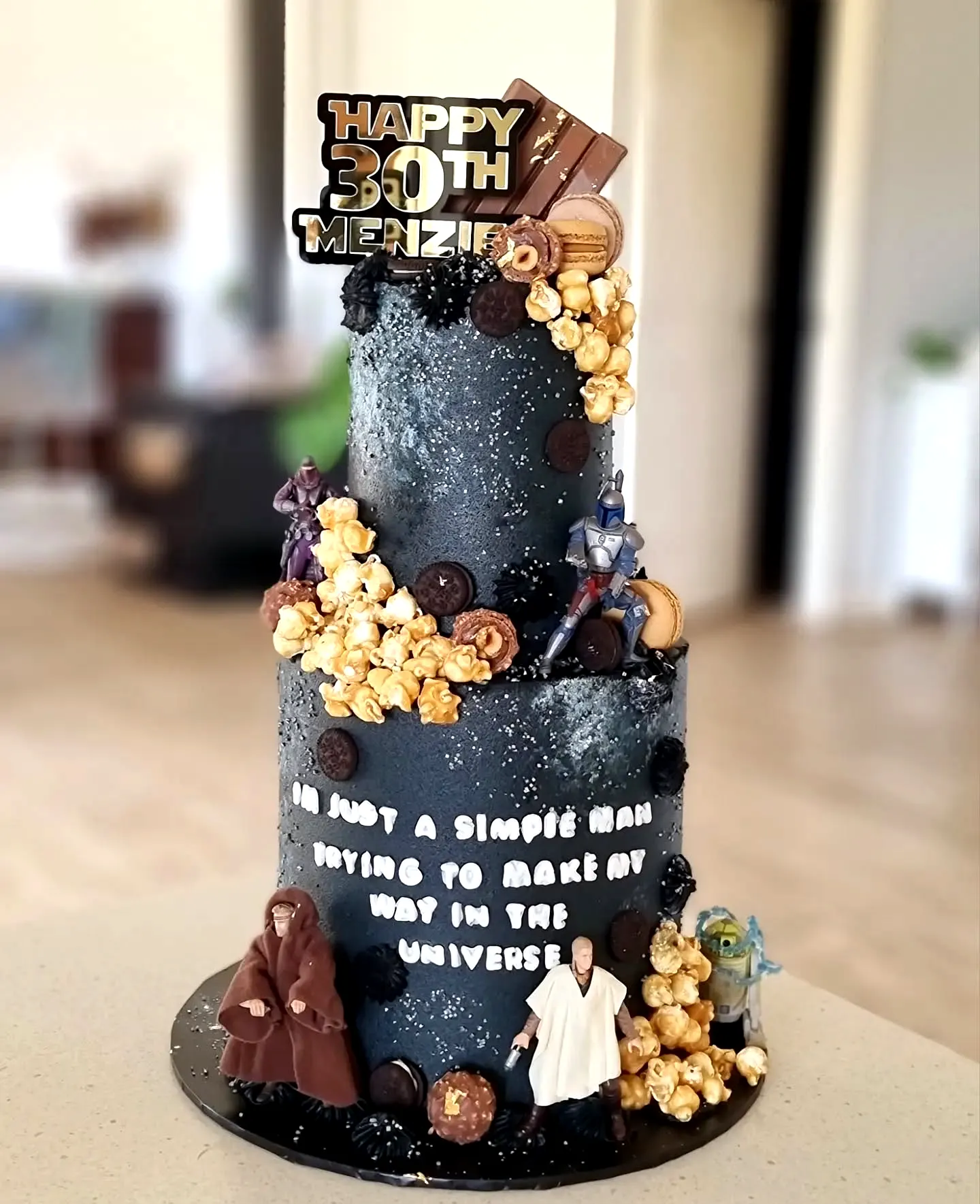Creative 30th Birthday Cake Design with Galaxy Theme and Fun Decorations