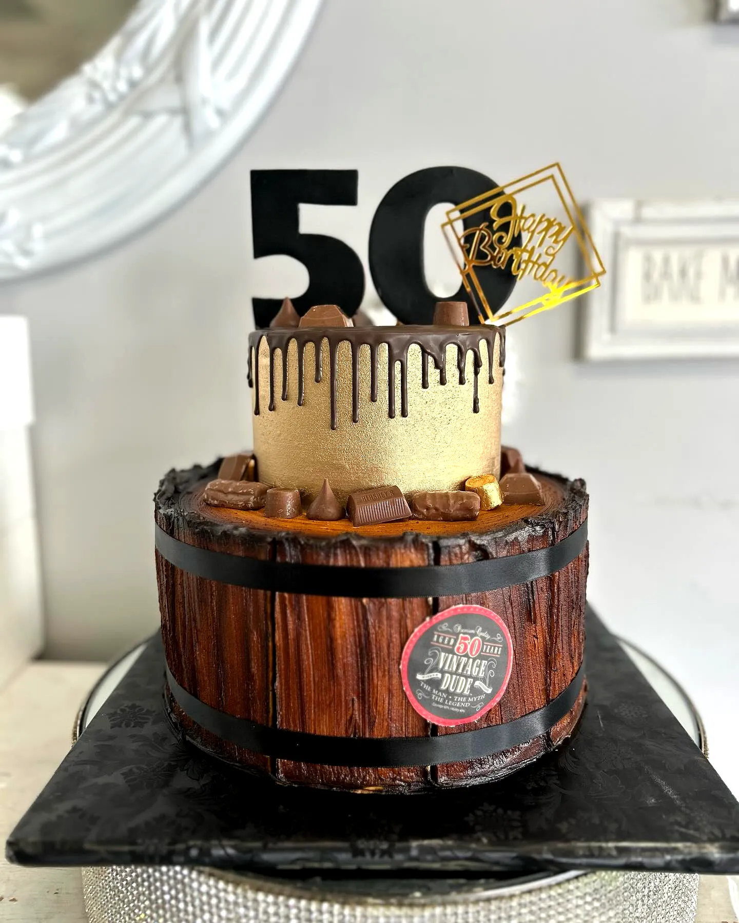 Creative 50th Birthday Cake for Men in Rustic Barrel Design