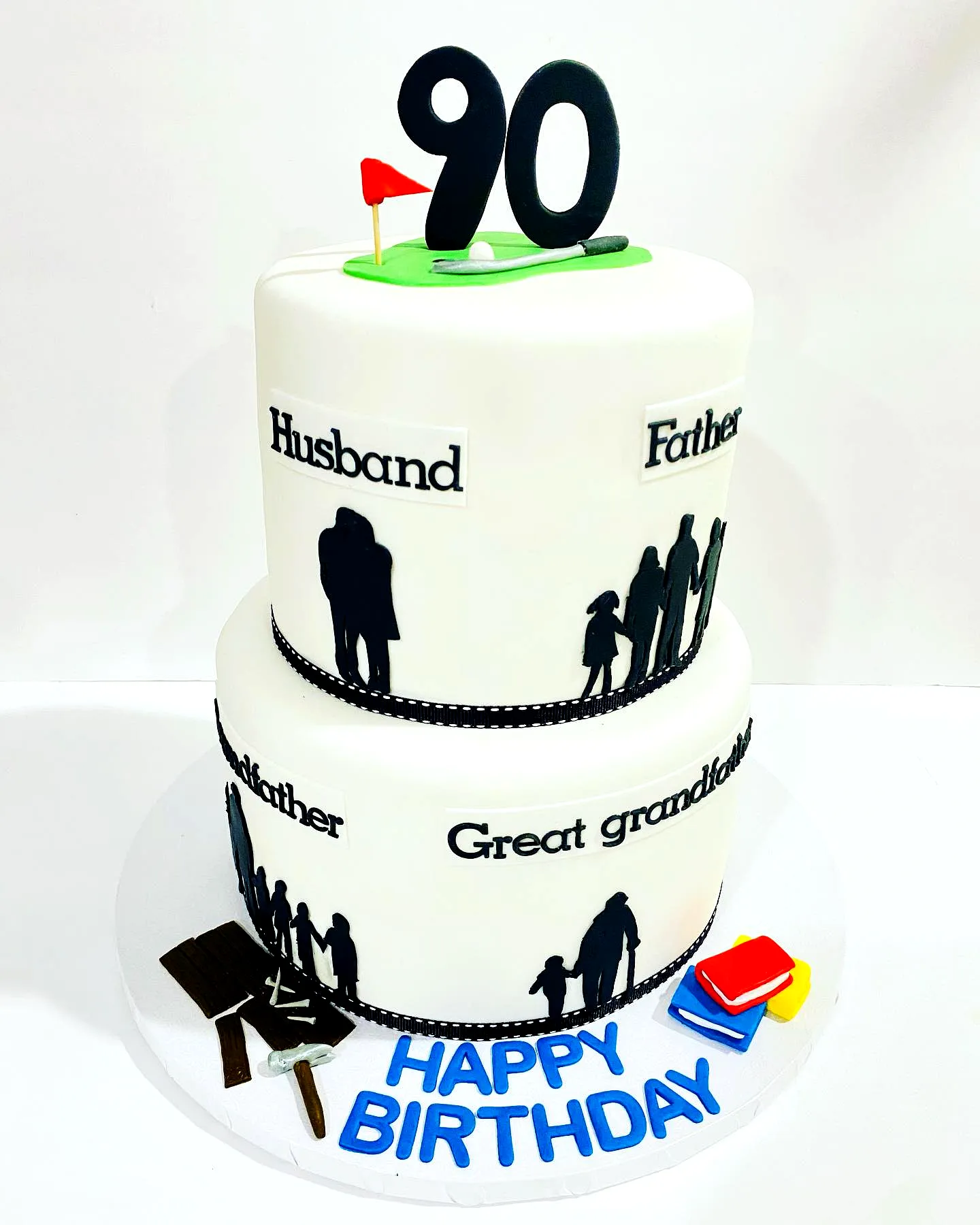Creative 90th Birthday Cake Design with Colorful Family Silhouettes