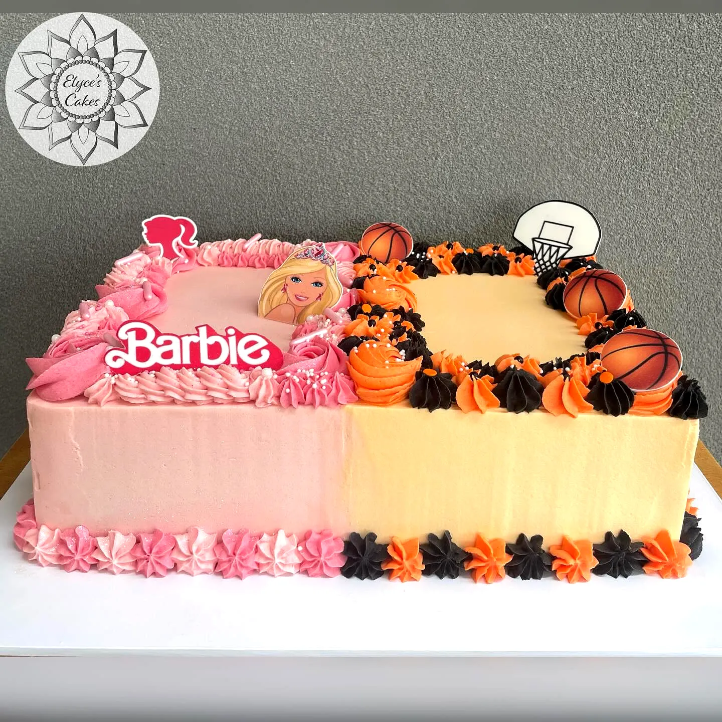 Creative basketball birthday cake design with Barbie theme on the side