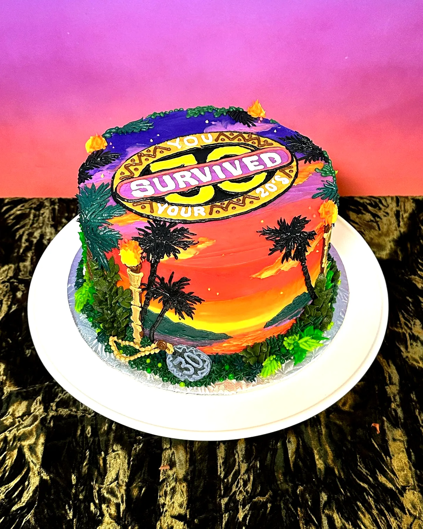 Creative birthday cake design with a vibrant sunset gradient and fun decorations