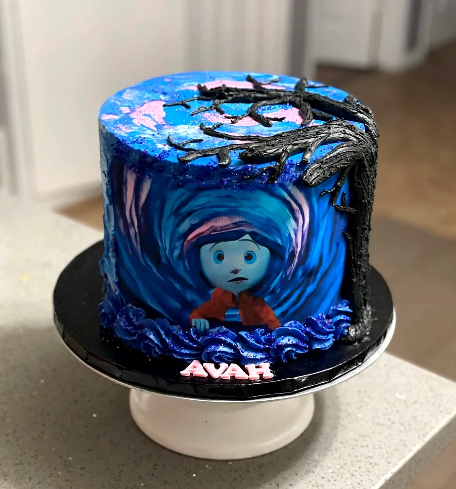 Creative Coraline Birthday Cake Design with Whimsical Colors and Details