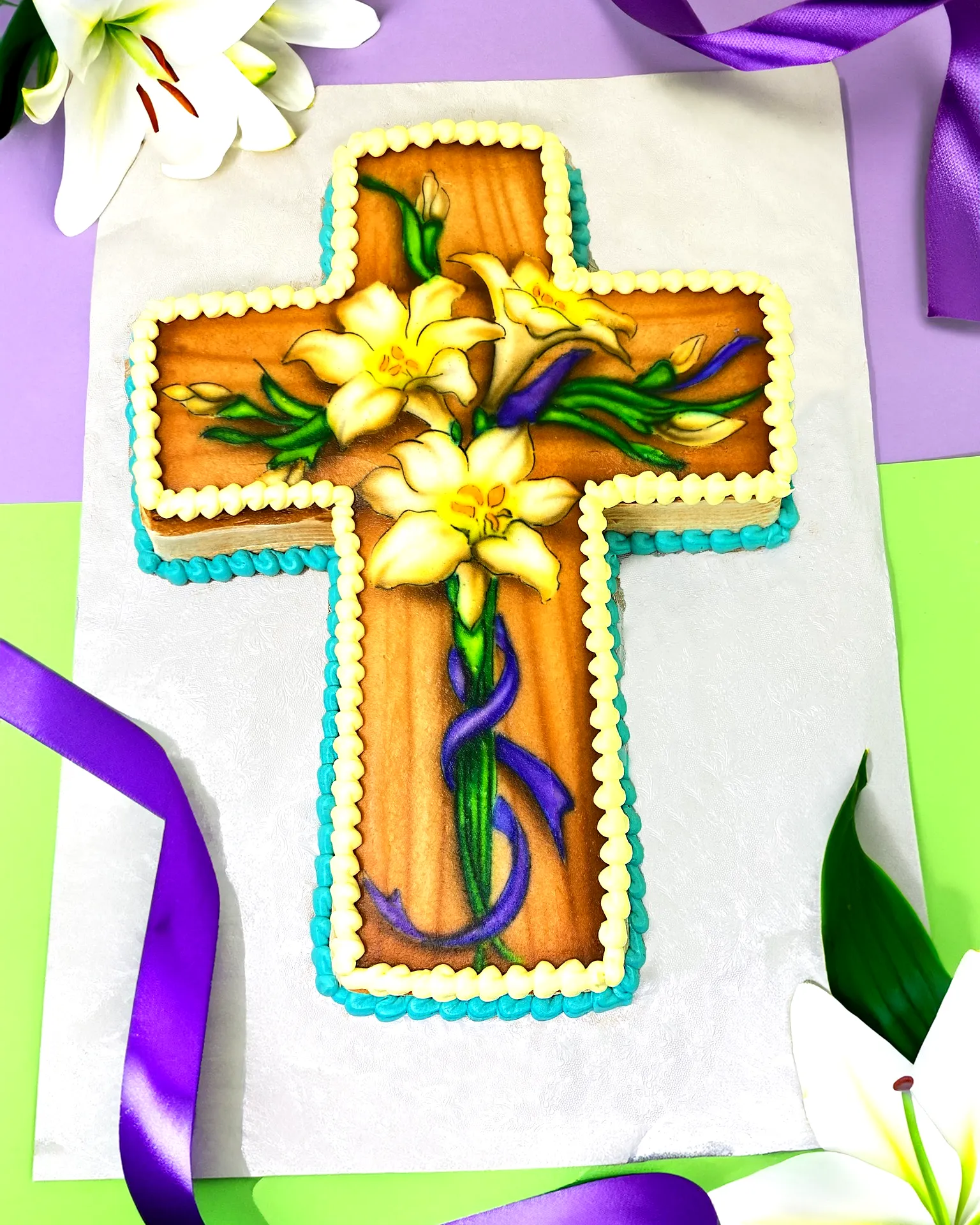 Creative Easter Cross Cake Design with Hand-Painted Floral Accents