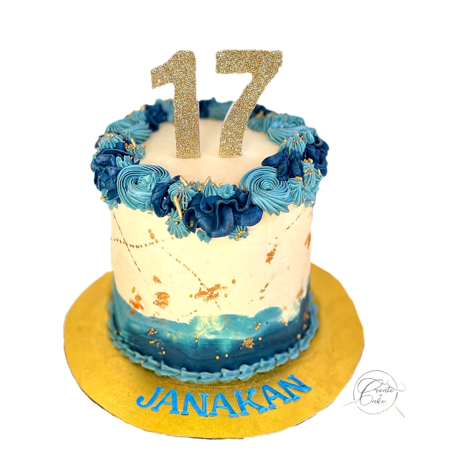Cute 17th Birthday Cake with Blue Rosettes and Gold Accents