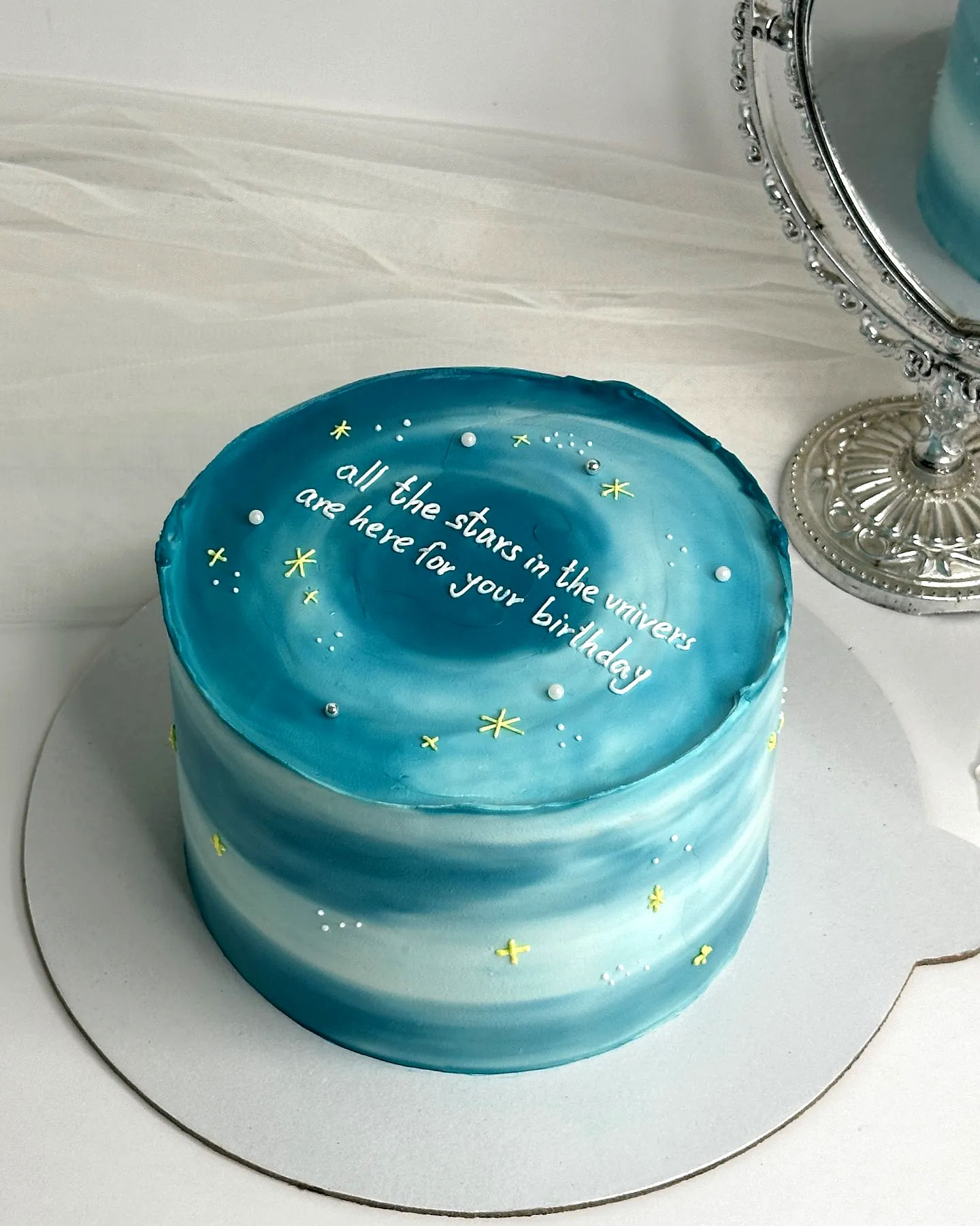 Cute blue birthday cake for a whimsical celestial celebration