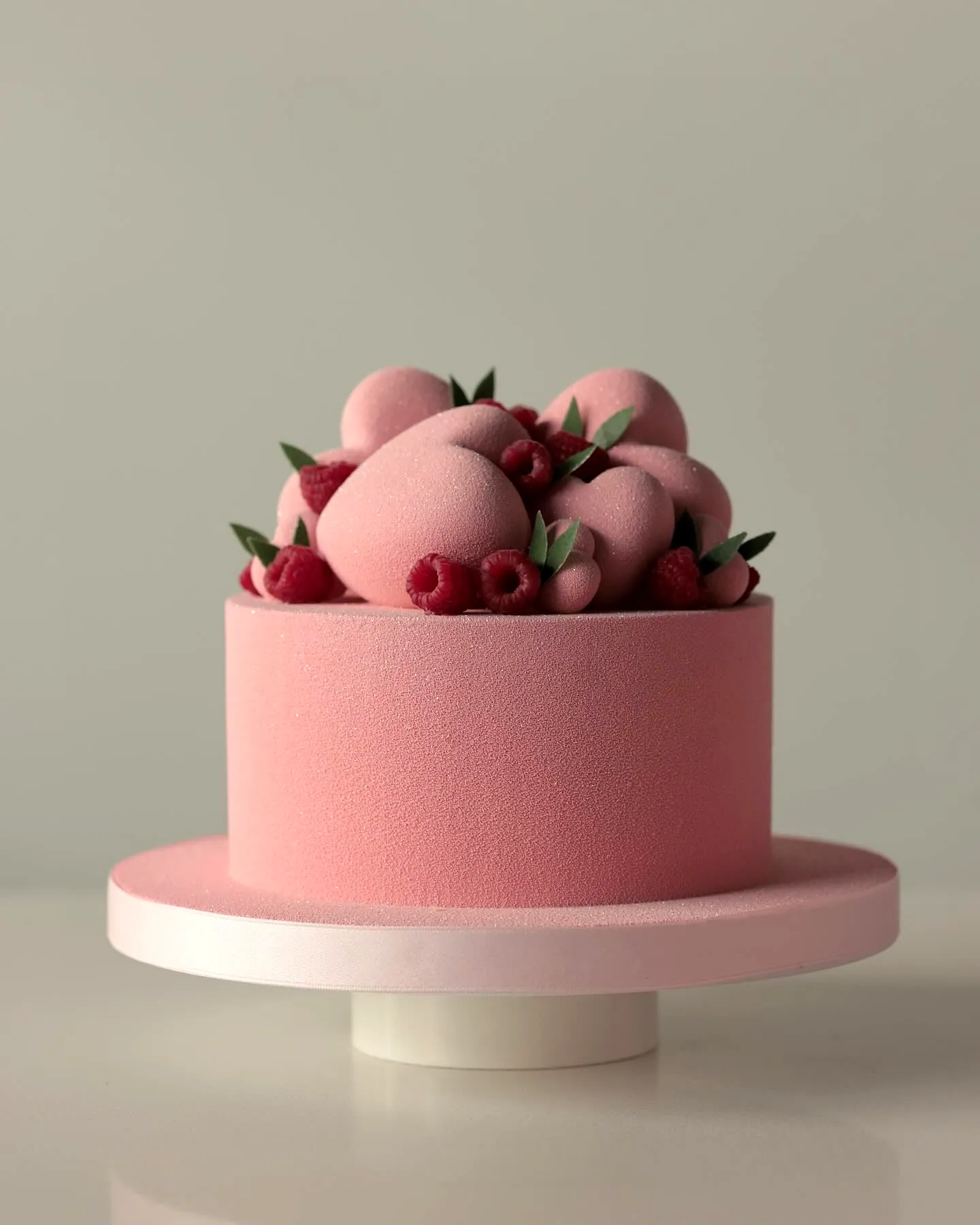 Cute blush pink ladies birthday cake with playful chocolate spheres and raspberries