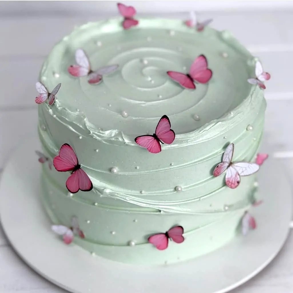 Cute butterfly birthday cake design with mint green frosting and elegant decorations