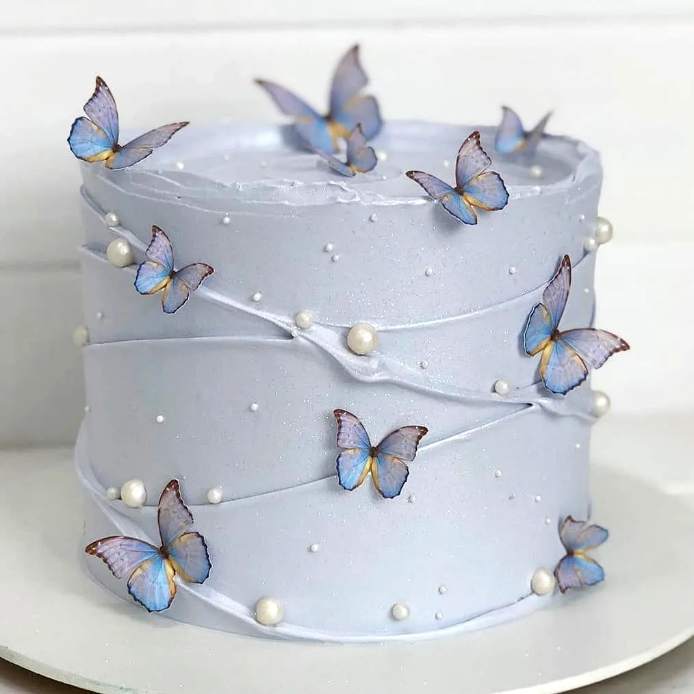Cute butterfly birthday cake design with soft blue buttercream and elegant decorations