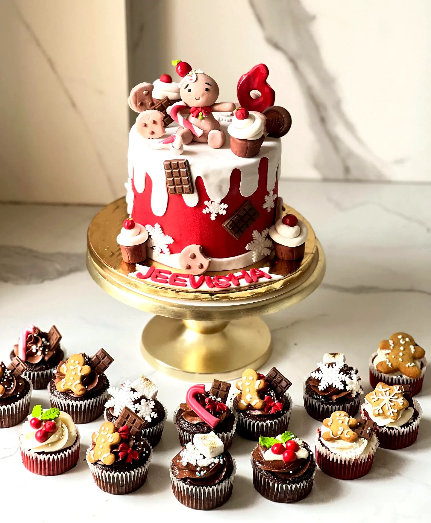 Cute Christmas Birthday Cake in Whimsical Bright Red and White Design