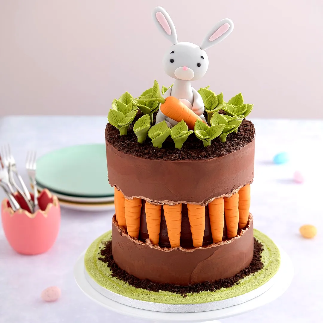 Cute Easter cake design with playful bunny and vibrant edible decorations