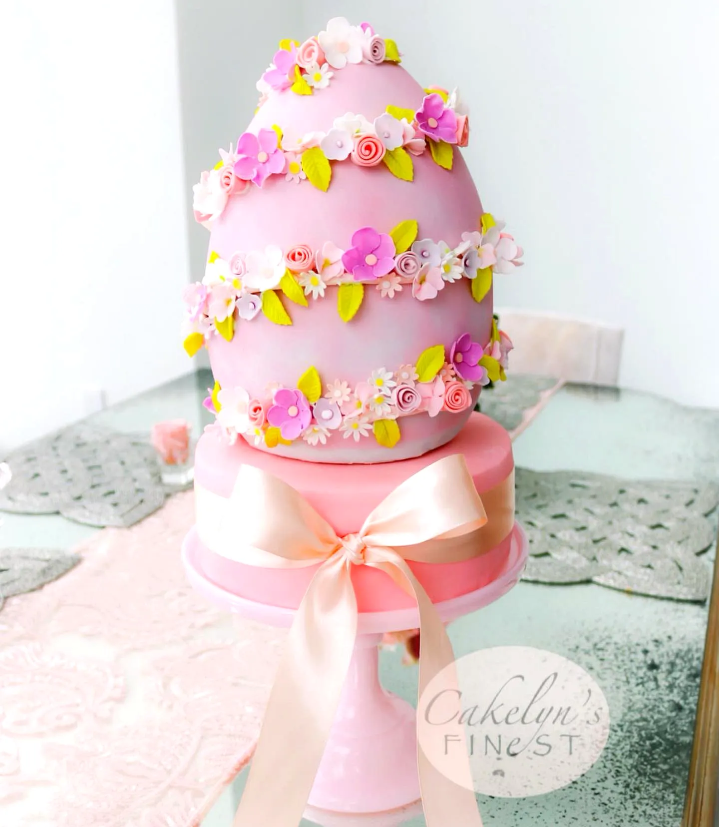 Cute Easter Egg Cake Design with Pastel Flowers and Elegant Texture