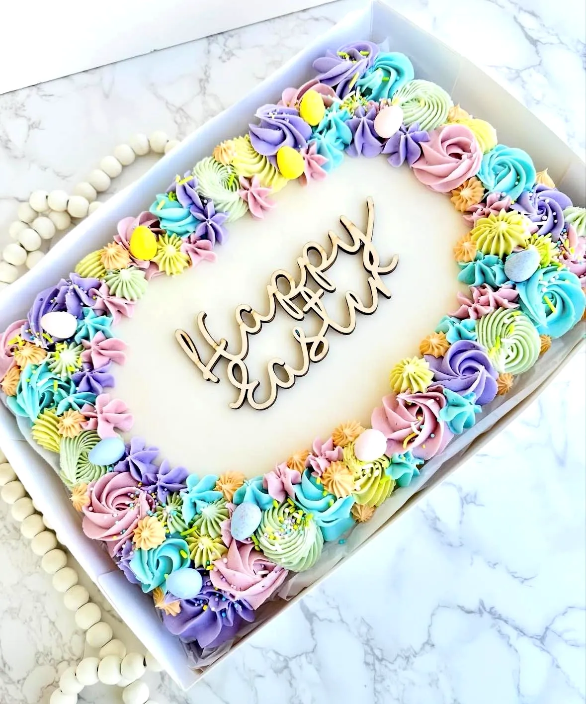 Cute Easter Sheet Cake Design with Pastel Colors and Festive Decorations