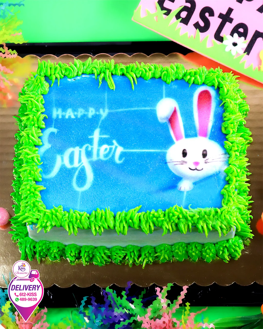 Cute Easter Sheet Cake with Whimsical Bunny and Bright Grass Frosting