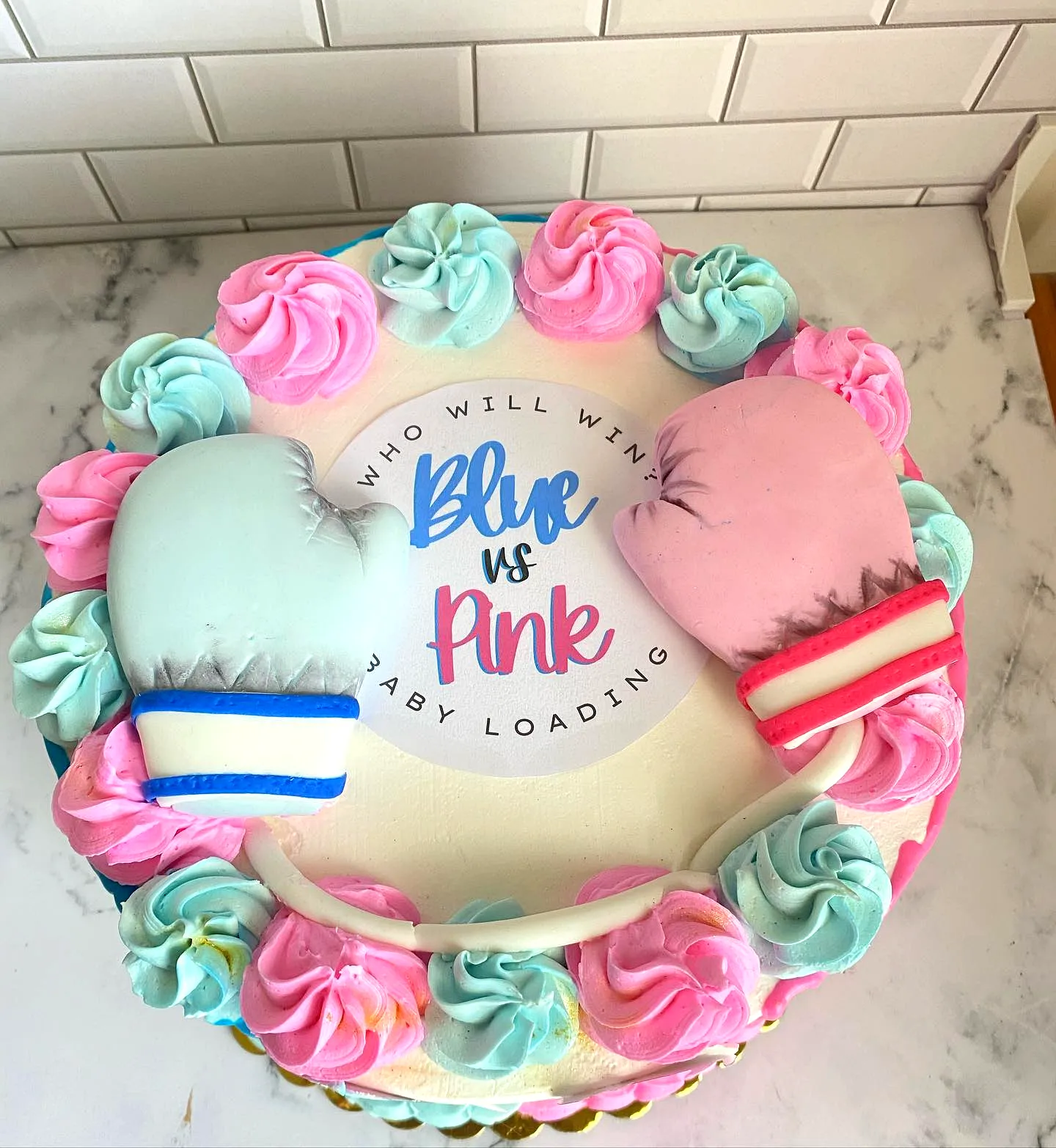 Cute Gender Reveal Cake Design with Playful Colors and Fun Decorations