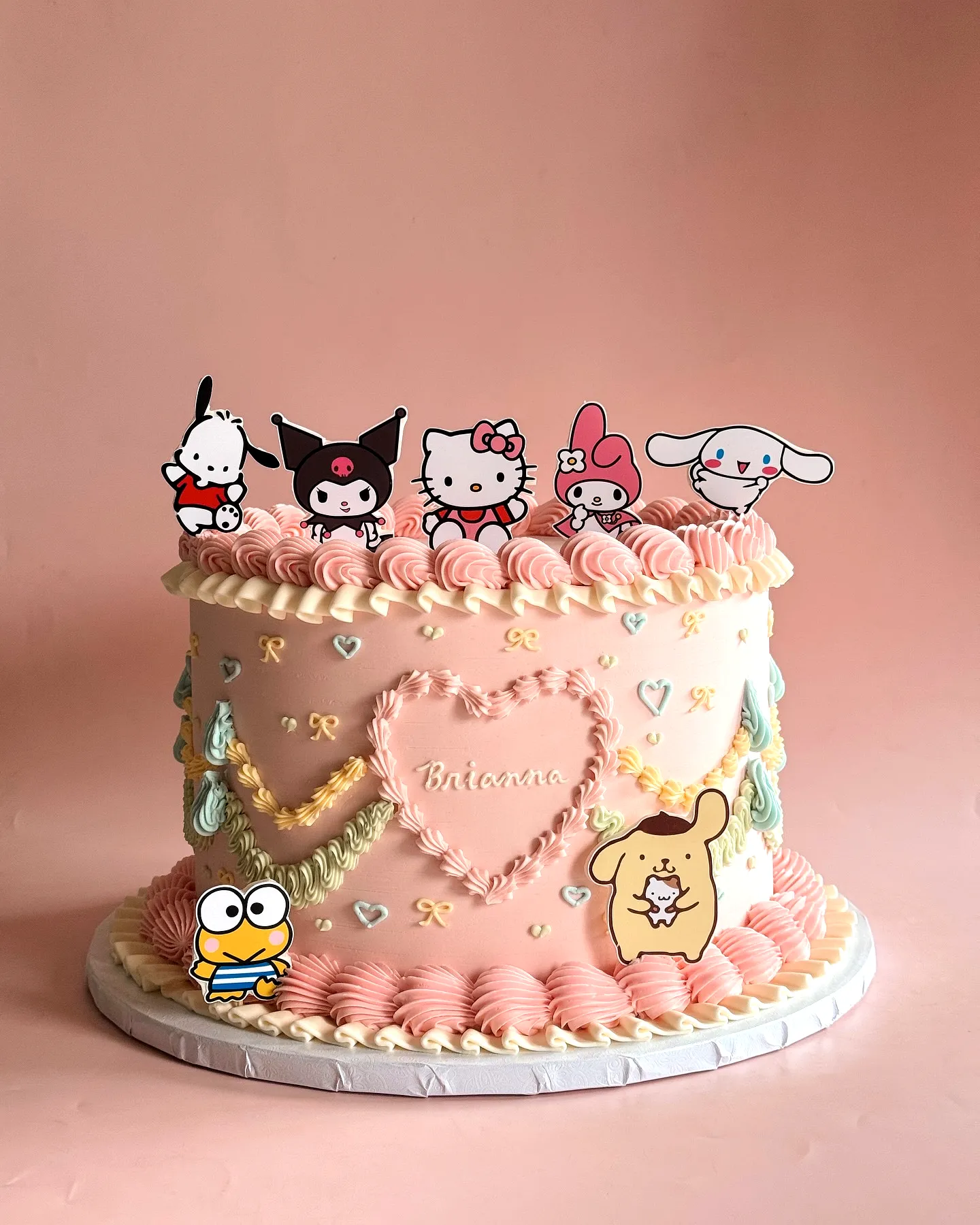 Cute Hello Kitty Cake Design with Pastel Colors and Whimsical Decorations
