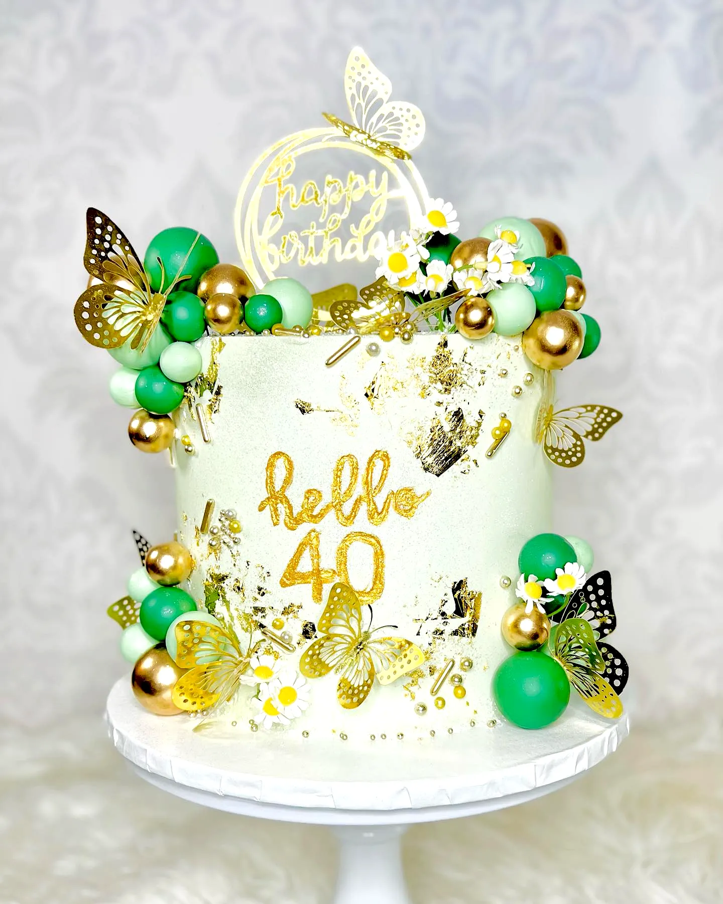 Cute mint green two-tier birthday cake for 40th birthday celebration