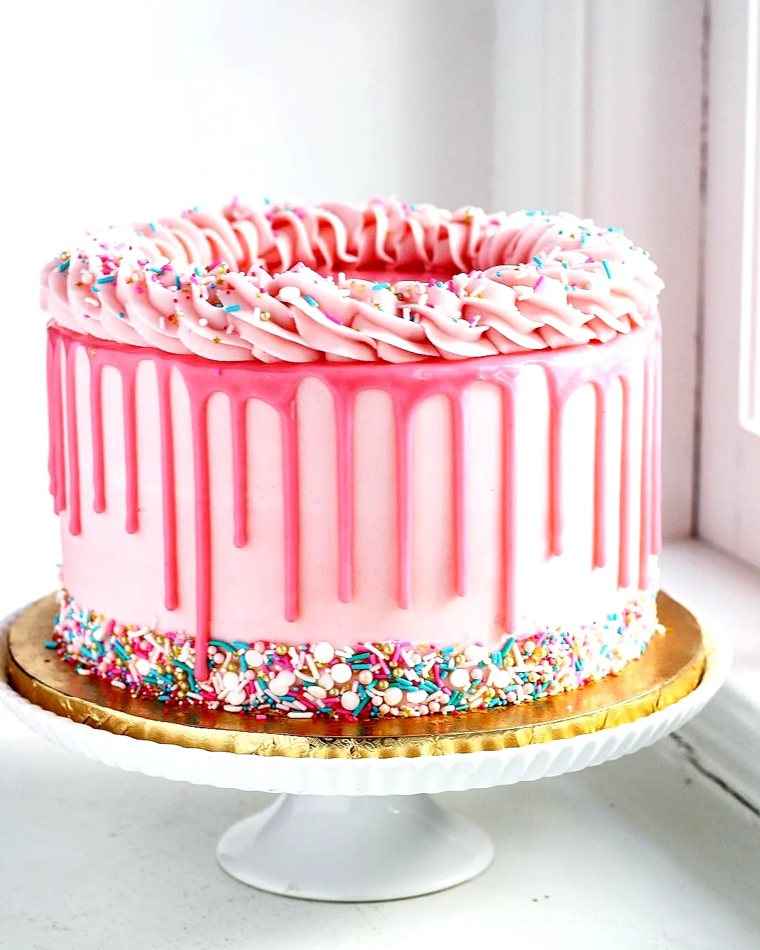 Cute Pink Birthday Cake Design with Glossy Chocolate Drip and Sprinkles