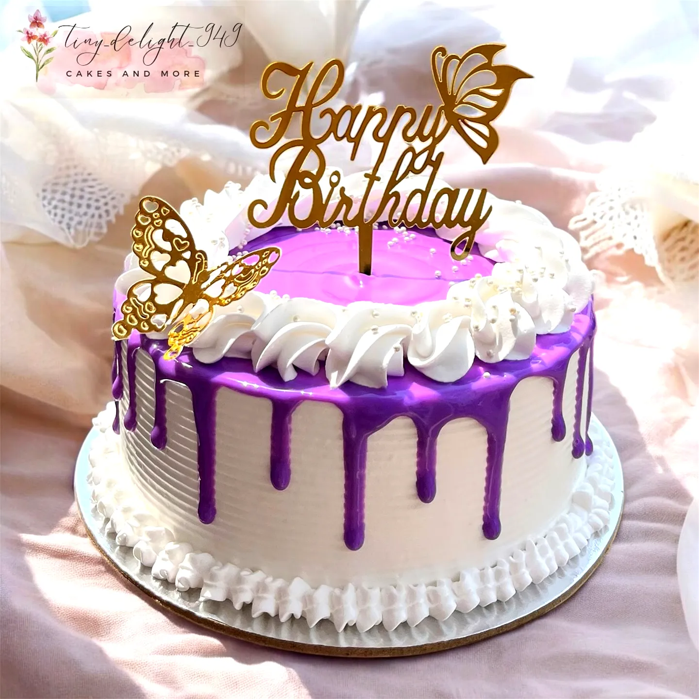 Cute purple birthday cake design with playful drip and elegant accents