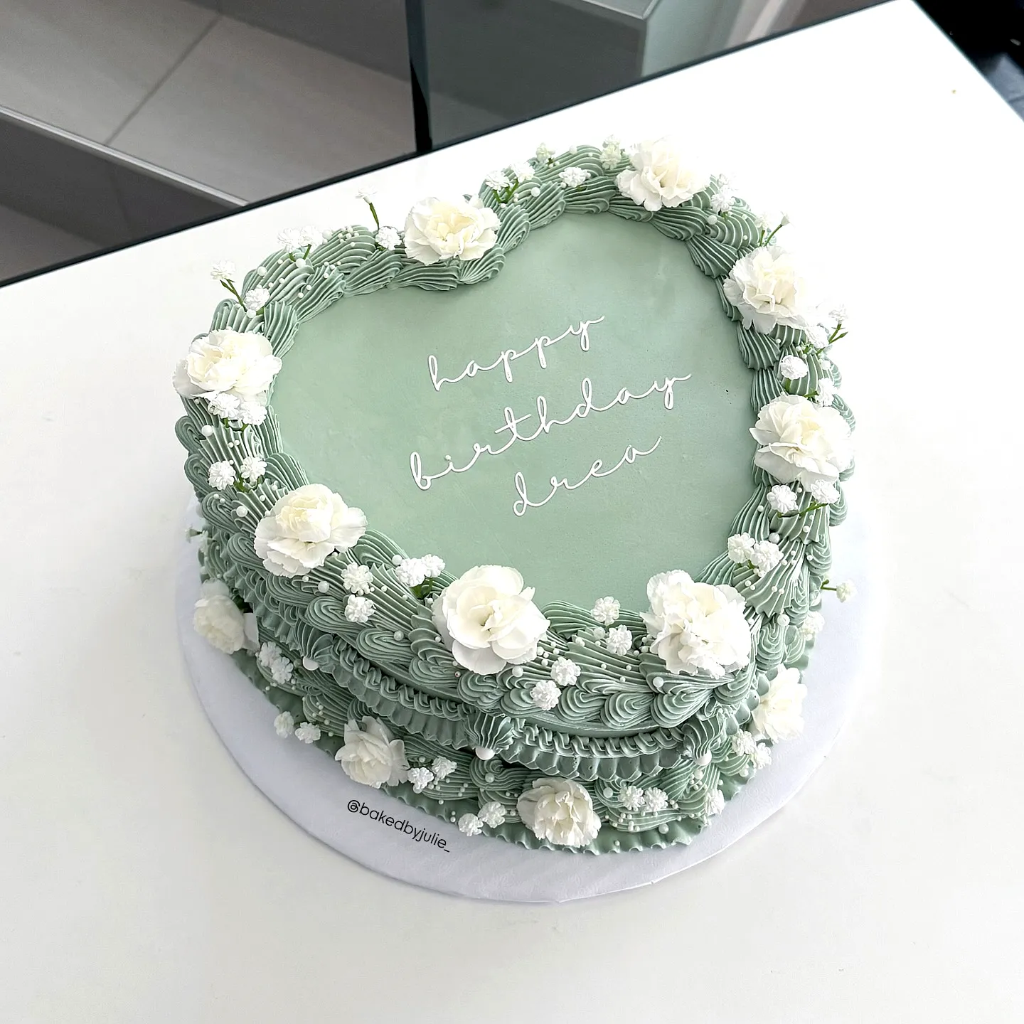 Cute sage green birthday cake design with elegant floral decorations