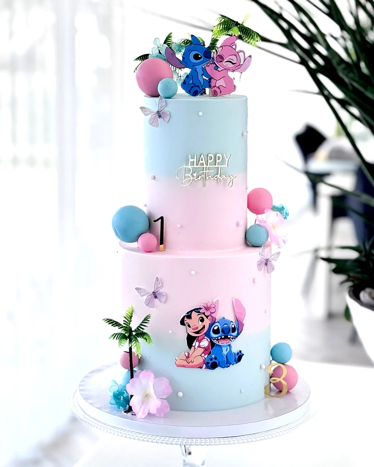 Cute Stitch Birthday Cake Design in Colorful Ombre with Fun Decorations