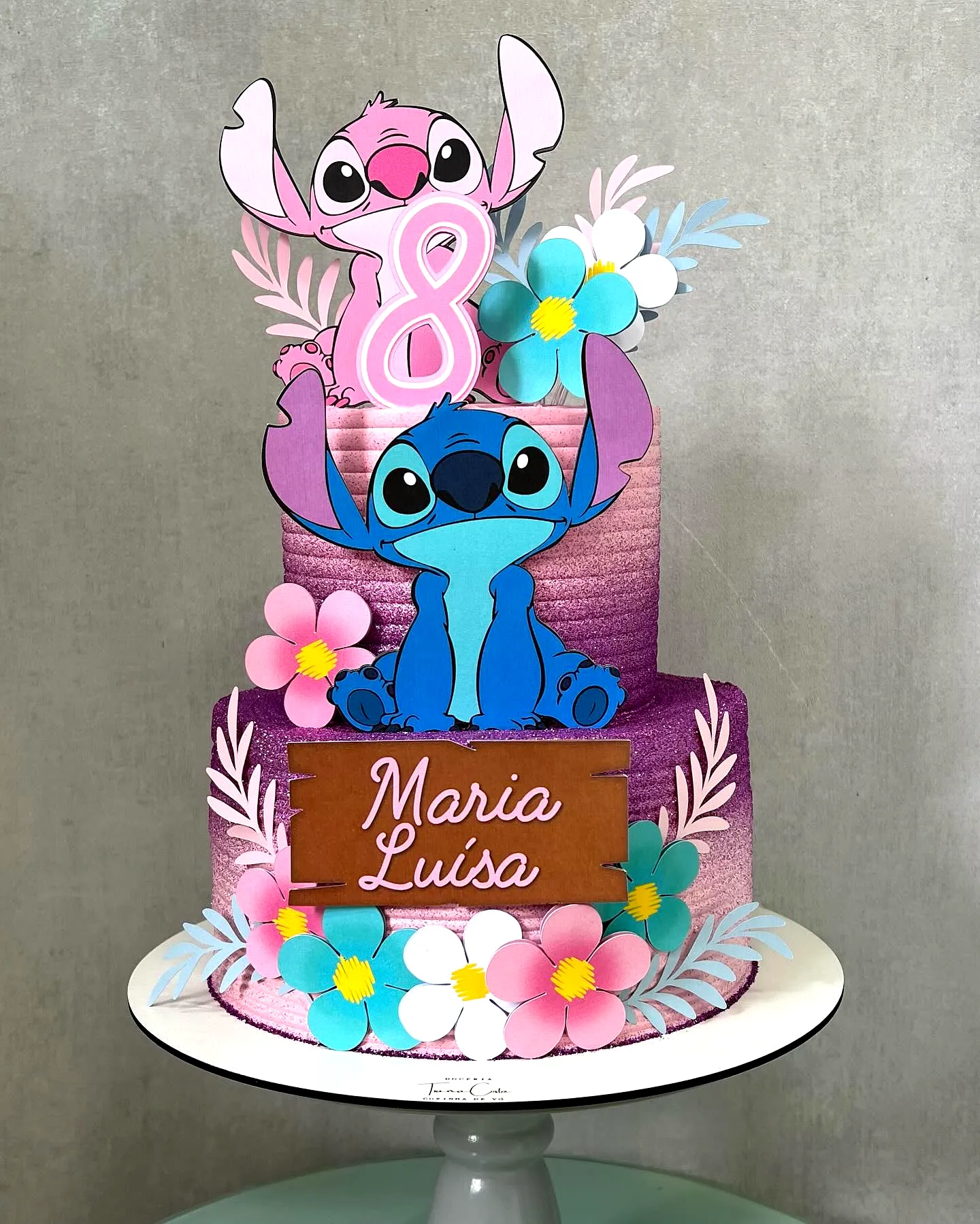 Cute Stitch Birthday Cake Design in Vibrant Ombre Purple for 8th Celebration