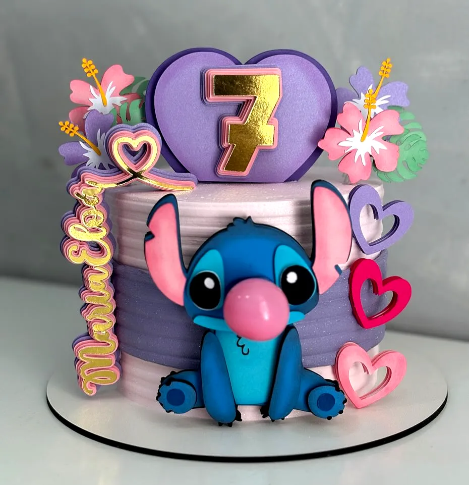 Cute Stitch Birthday Cake Design in Vibrant Purple and Blue Tiers