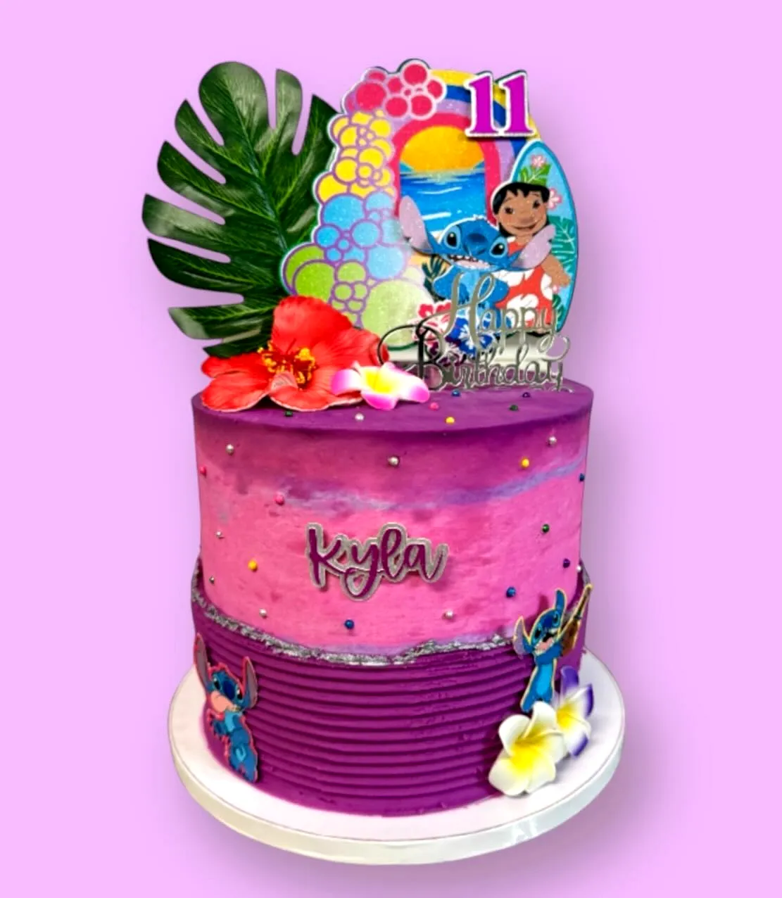 Cute Stitch Cake Design with Vibrant Ombre Colors and Tropical Decorations