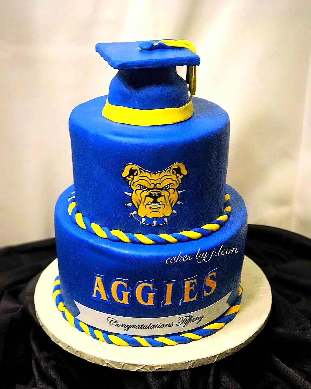 Cute two tier graduation cake designs in blue yellow and white colors