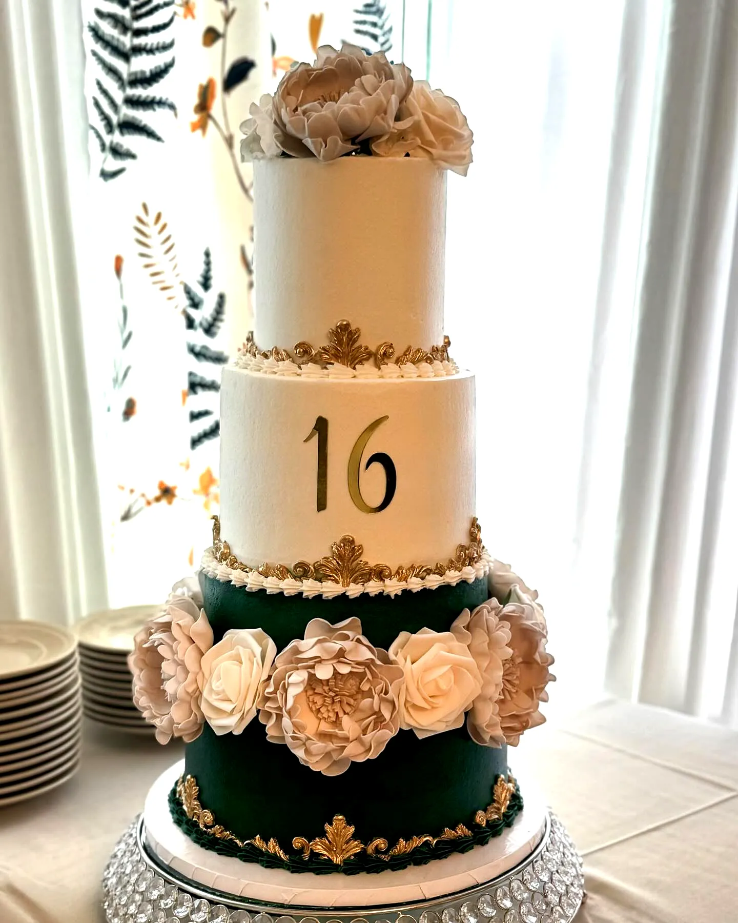 Elegant 16th Birthday Cake Design with Peonies and Gold Touches