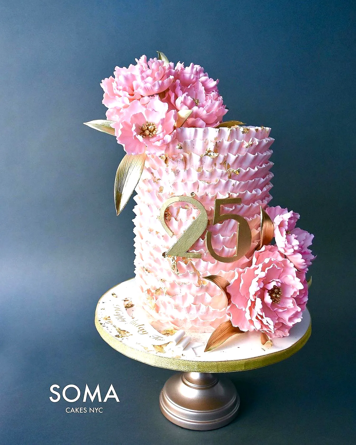Elegant 25th Birthday Cake with Ruffled Pink Buttercream and Floral Accents